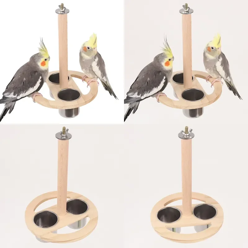 for Solid Wood Stainless Steel Automatic Bird Feeder Hanging Water Dispenser with Splash-proof Food Bowl Parrot Supplies