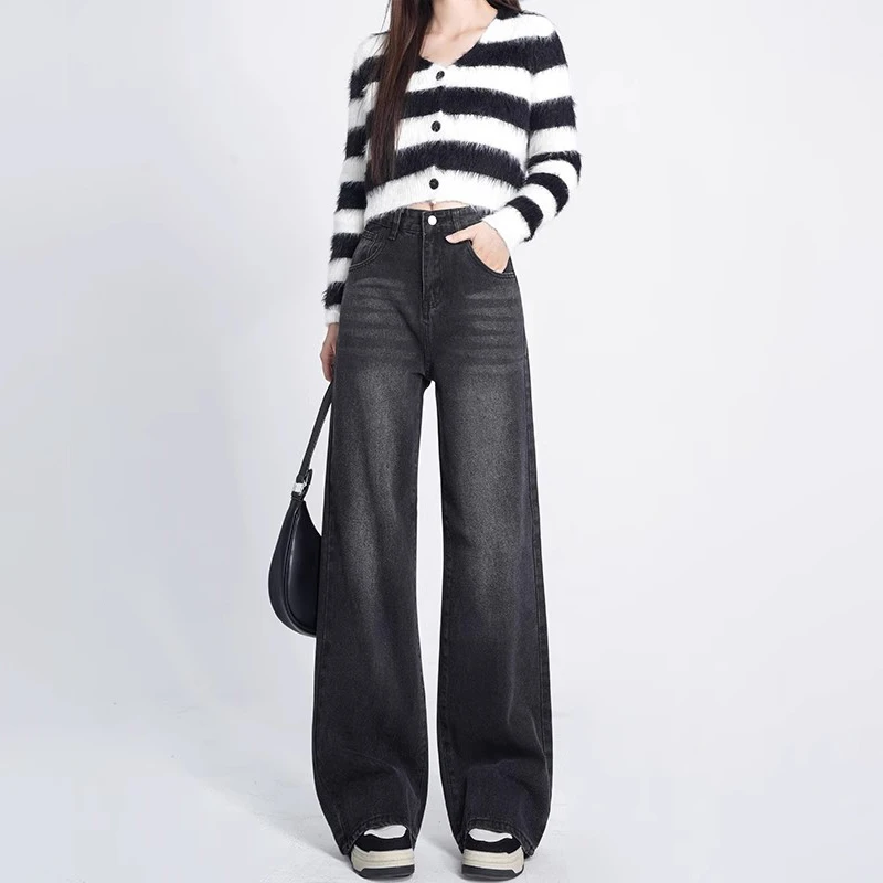 

Retrohigh-waisted wide-legged jeans female autumn and winter new American retro retro matching thin loose straight trousers tide