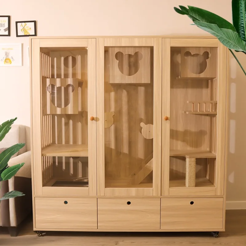 

Customizable Pet Products Supplies Cardboard Indoor Luxury Wooden Solid Wood Cat Villa Houses Furniture with Cat Toy Ball Bed Pa