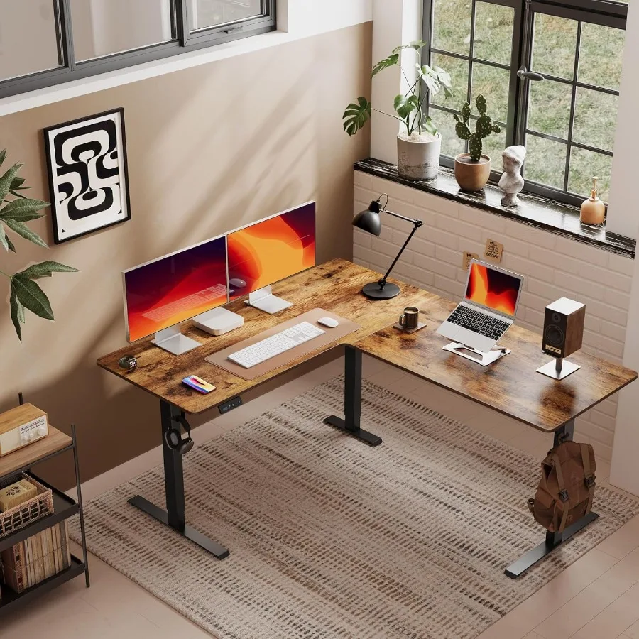 مكتب قائم على شكل حرف L 63 زاوية مكتب قائم على الجلوس حامل على شكل حرف L مكتب قابل للتعديل مع لوح لصق علوي بني ريفي #2