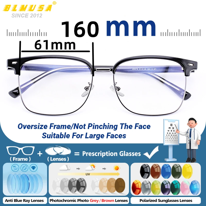

BLMUSA Men Oversize Frame Prescription Glasses Blue Light Blocking Large Square Reading Eyeglasses Optical Lenses With Recipe