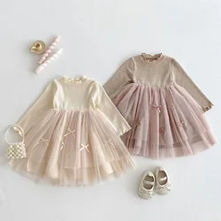 2025 New Spring Sister Dress 2-6Yrs Girl Party Dress Long Sleeved Cotton Mesh Splicing Kids Princess Dresses Children Clothes