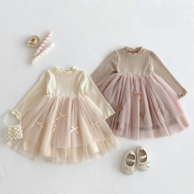 2025 New Spring Sister Dress 2-6Yrs Girl Party Dress Long Sleeved Cotton Mesh Splicing Kids Princess Dresses Children Clothes