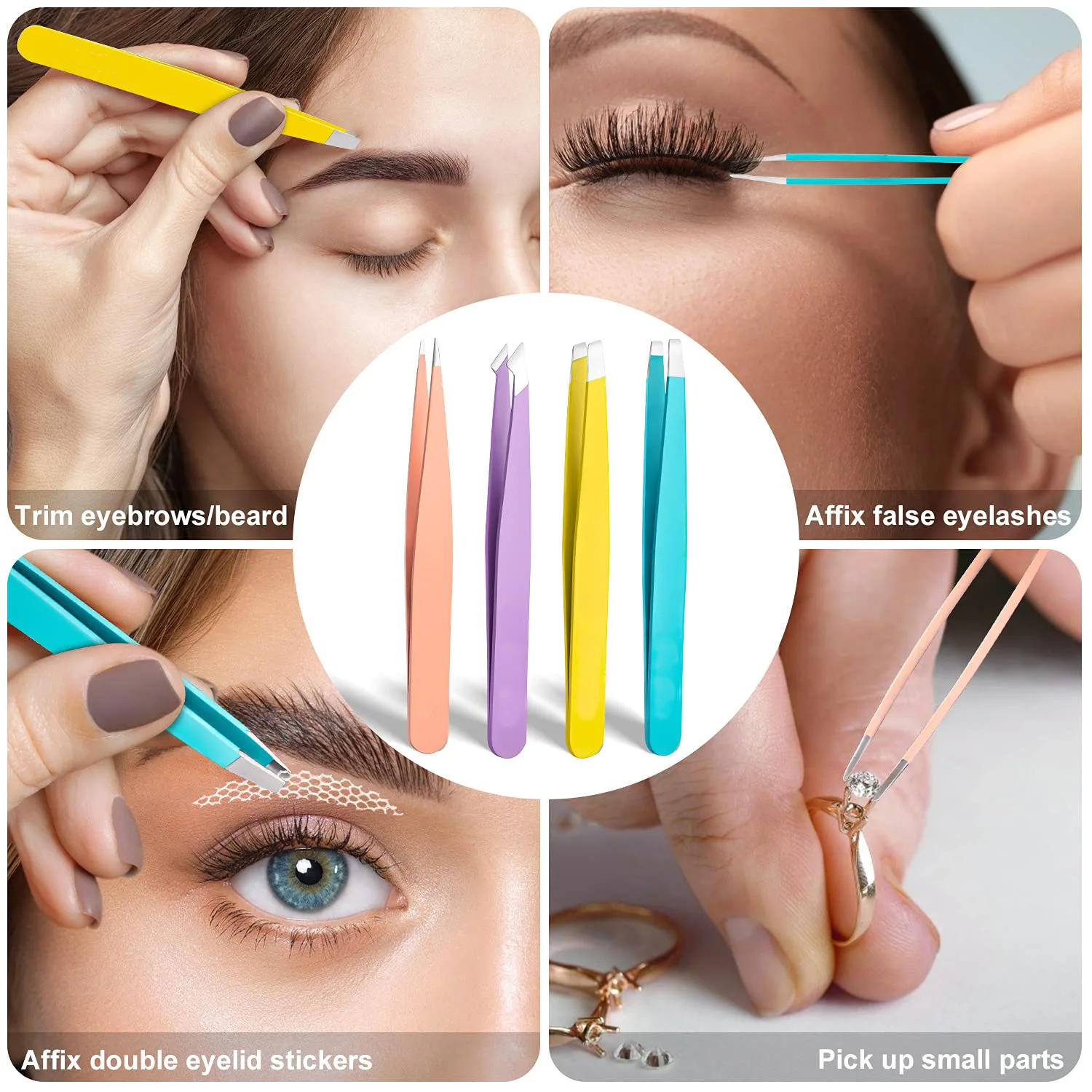 EyeblogugTweezer Hair Beauty Extracteur de poils fins, pinces à sourcils inclinées en acier inoxydable, outils de maquillage pour enlever les poils, 4 pièces avec sac