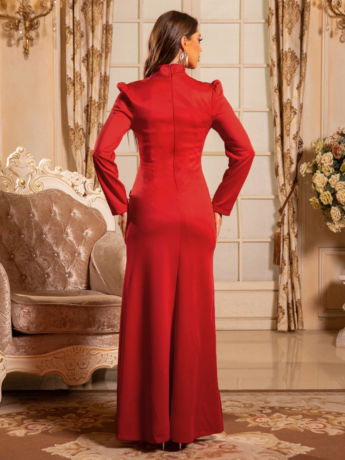 Rhinestones 겸손한 긴 이브닝 드레스 여성을위한 공식 댄스 파티 드레스 스탠드 넥 풀 슬리브 중동