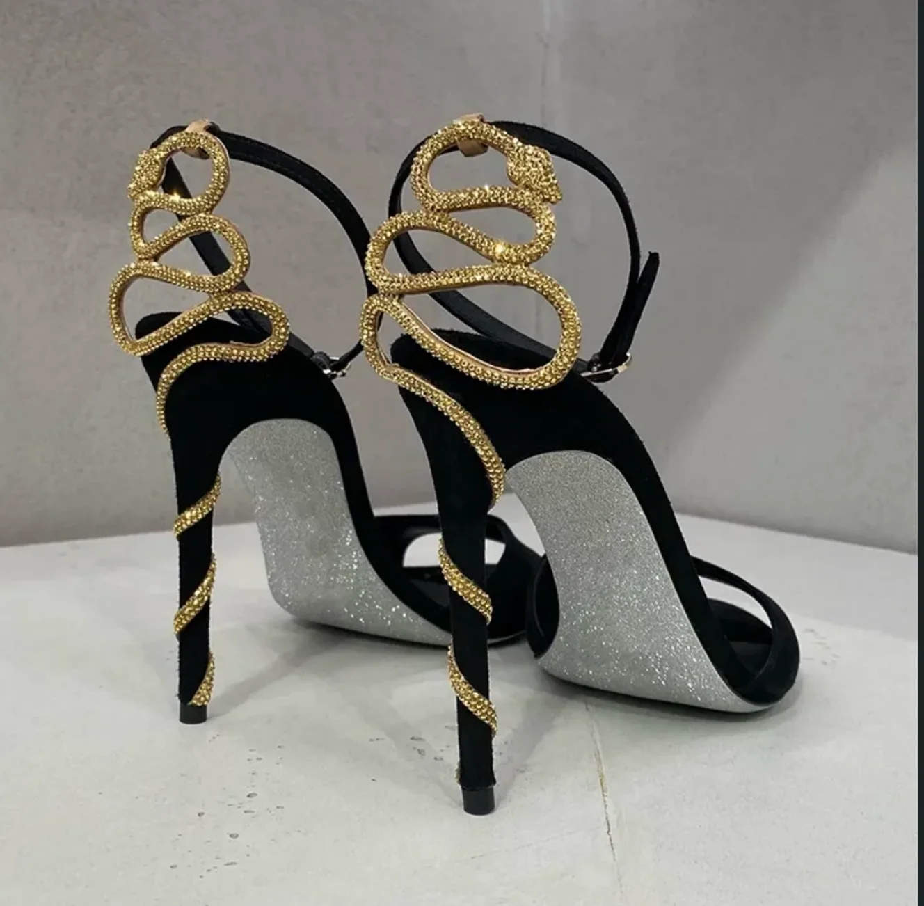 Sexy Gold Serpentine Winding Stiletto High heels Women Gladiator Sandals Ladies Peep Toe Buckle Strap Cut-outs Dress Party Shoes