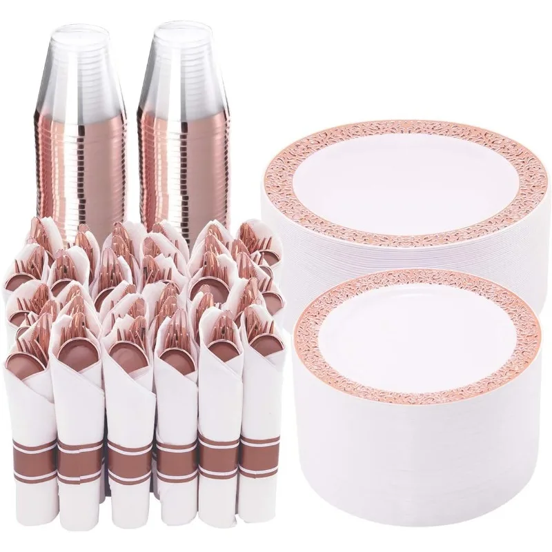 

350 Pieces Rose Gold Dinnerware, Disposable Rose Gold Lace Plates, Include:50 Dinner Plates