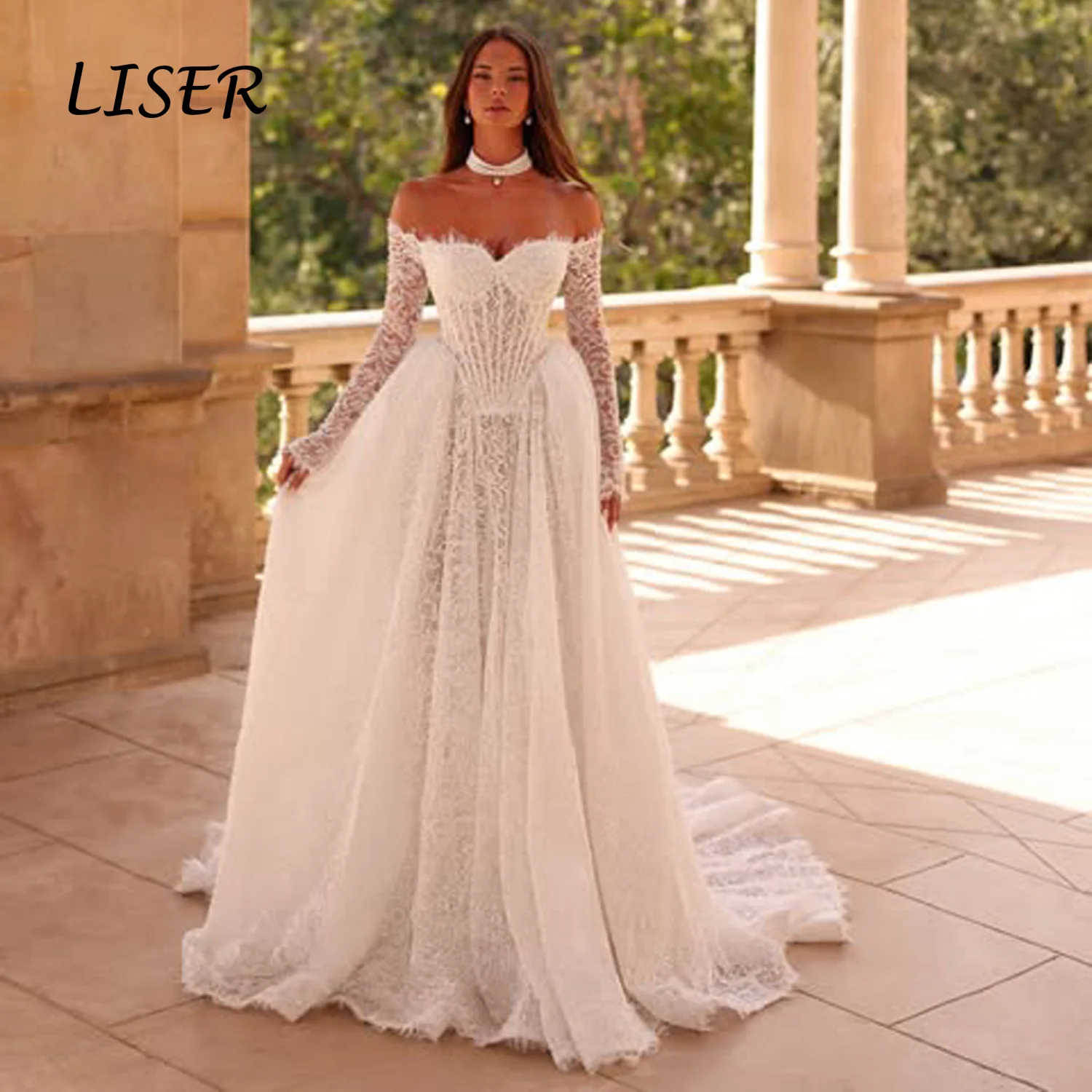 LISER Customized Ivory Off Shoulder Long Lace Corset Wedding Dress Detachable Tulle Overskirt Mermaid Silhouette Robe De Mariée