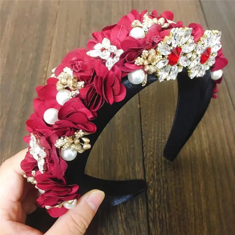 

2023 New Design Luxury Handmade Flower Baroque Rhinestone Crystal Headbands Sparkly Padded Headband For Women Hairband Gift