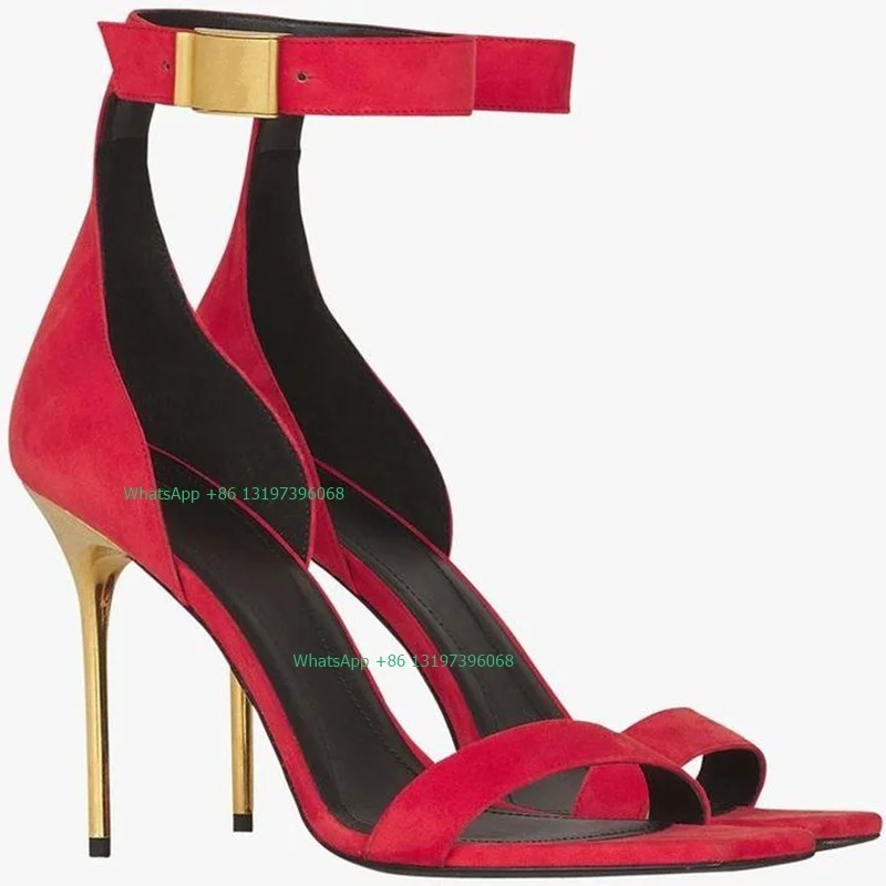 

Lady suede gold heels design sandals cover heel gold buckle hollow sexy elegant high heels daily office lady pumps large size 43