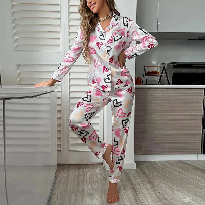 Women Spring Pajamas Heart Print Pajama Set Button Up Long Sleeve Top With Trousers Pijama Sets Women\'s Sleepwear Loungewear Pjs