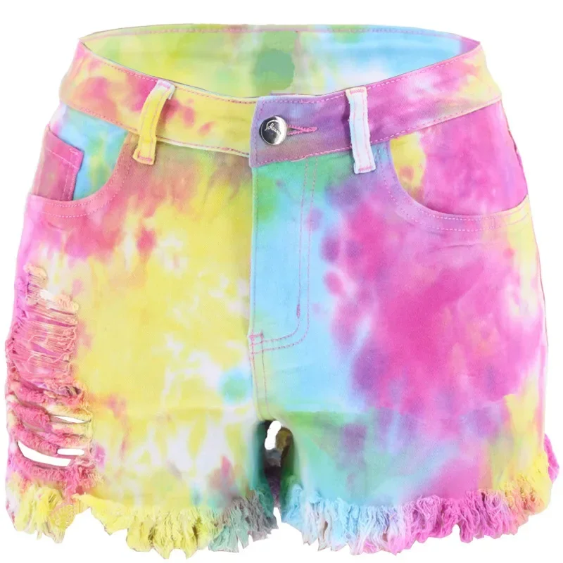 Cosl120 rainbow color rendering denim shorts for women tie dye fashion pants slim high street Sofy and comfortable jeans free sh