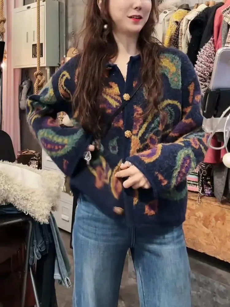 Ezgaga سترة مشغولة من الصوف المرأة خمر الزهور الخريف الشتاء س الرقبة فضفاضة موضة أنيقة سترة أبلى الإناث بلايز عادية