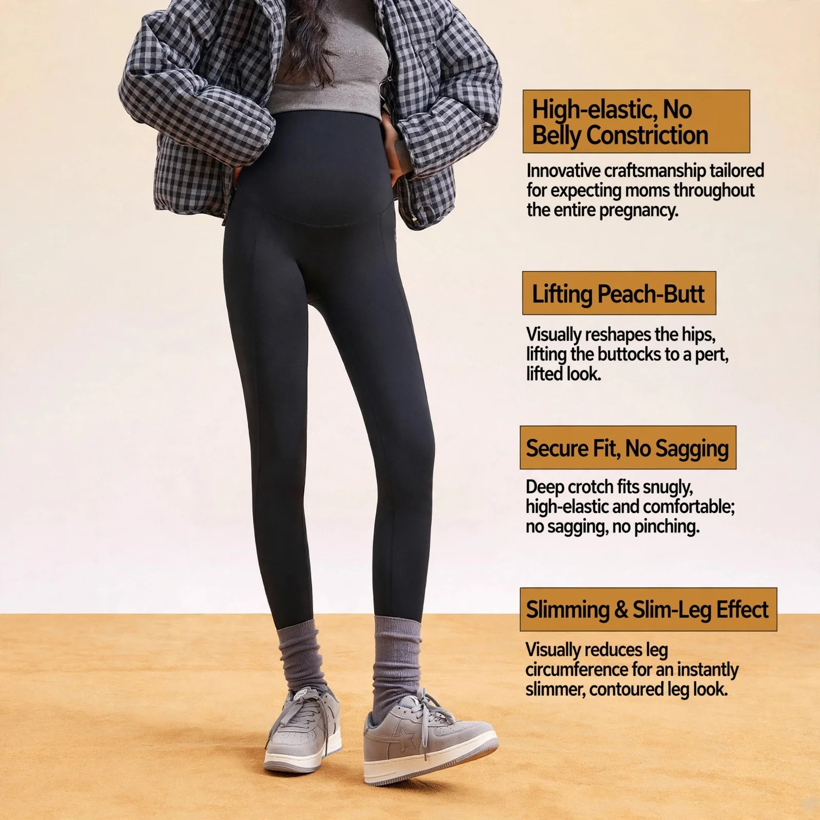 Umstandsleggings aus Spandex-Nylon mit hoher Taille, Übergröße, Yogahose, Haifischleder-Optik, Herbst/Winter, neun Zoll, elegant, für Damen – Detail 5