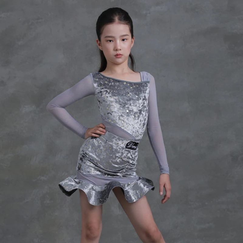 

Бархатное серое латинское платье для девочек, танцевальный костюм, боди с длинными рукавами и юбкой, тренировочная одежда для румбы, ча-ча, VBH2129