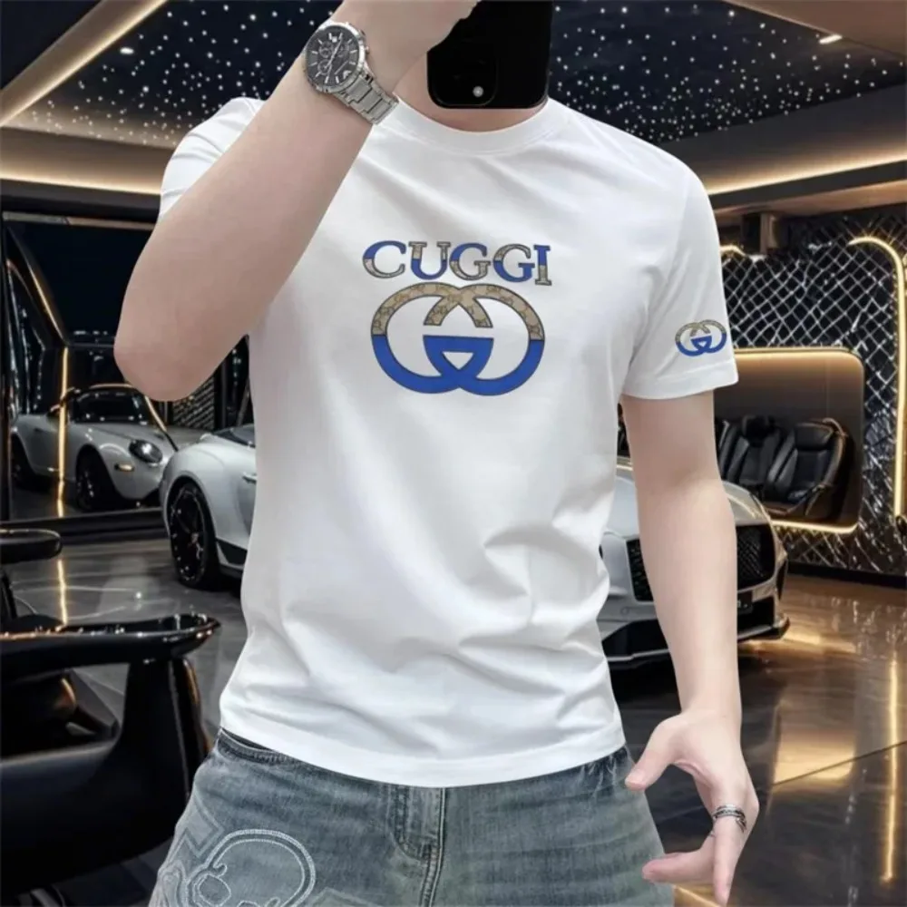 Summer Fashion High-end European T-shirt Short Sleeved Men's Heavy Y2K Versatile Handsome Slim Fit Trendy Printed Half