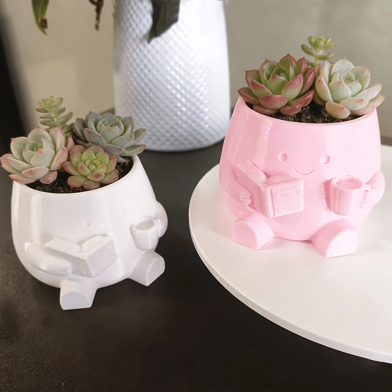 Character Planter Pot with Reading Book - Small Lightweight Plastic Flower Pot home Decor
