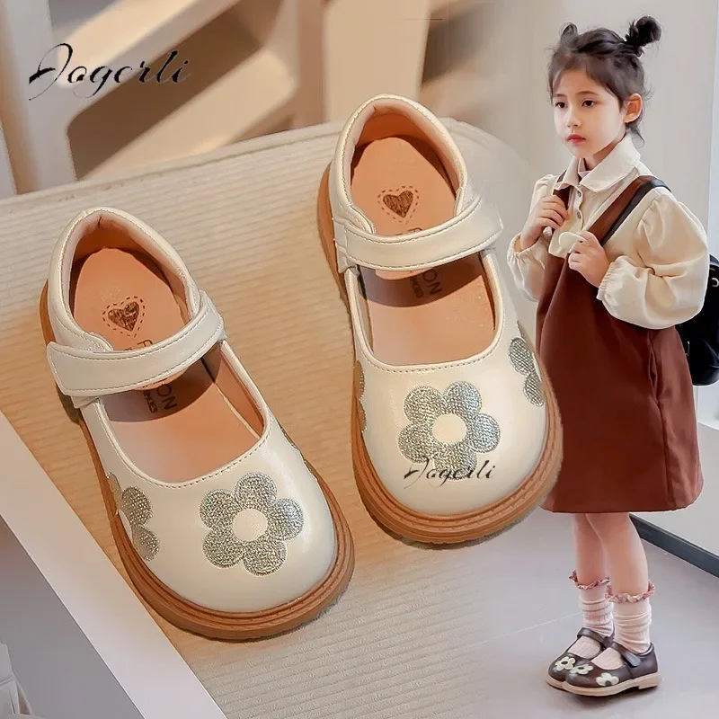 Spring Autumn New Girls PU Leather Shoes Little Kids Fashion Princess Flats Korean Embroidered Flower Leisure Baby Footwear