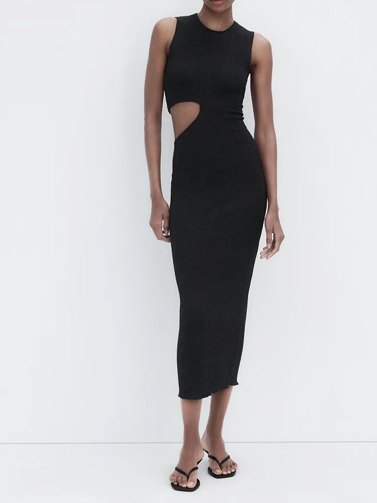 

European and American style, new summer products, women's clothing, fashionable open design, textured round neck long dress