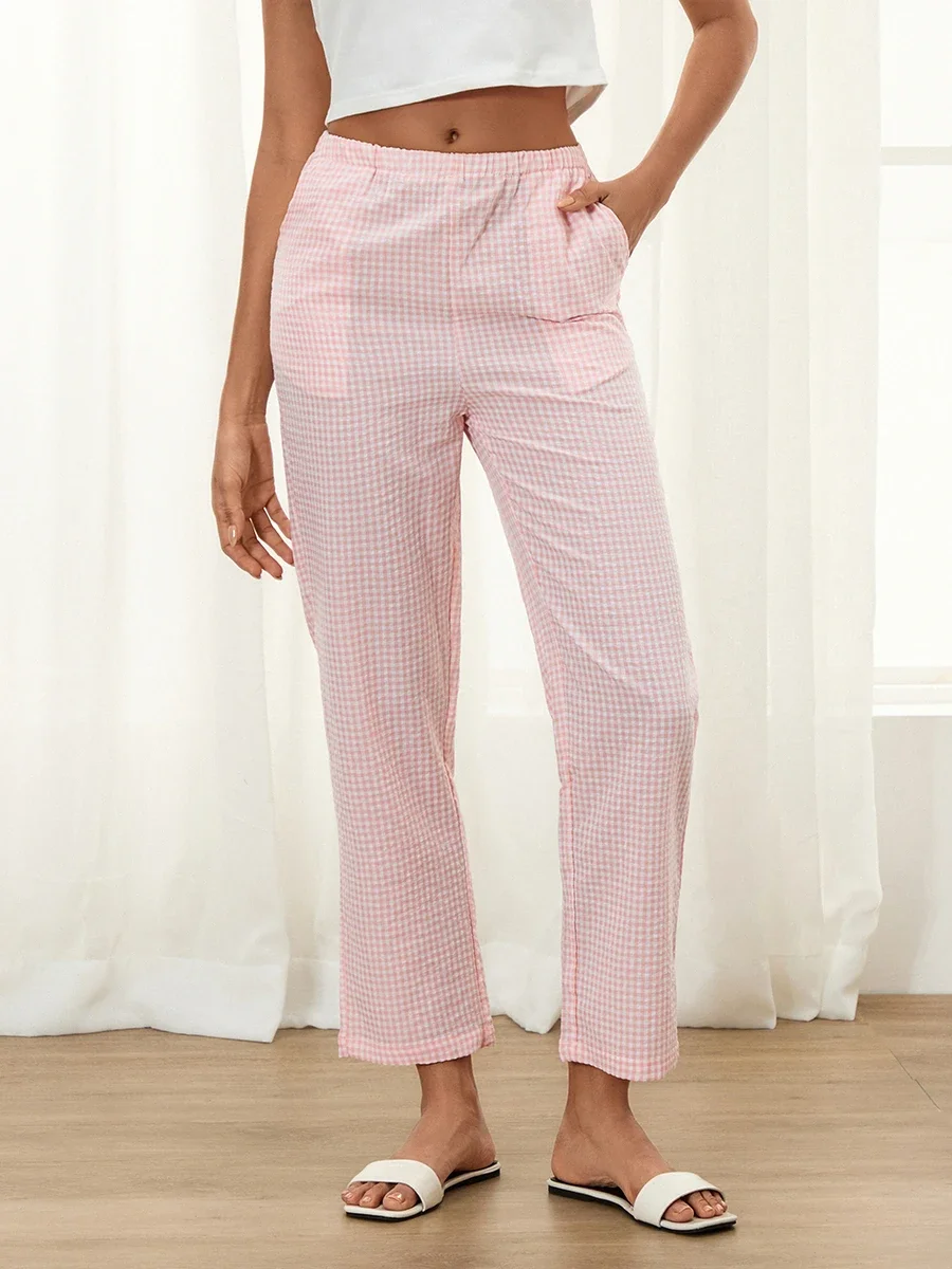 Pantalones de pijama cómodos para mujer, pantalones de salón elásticos con estampado clásico a cuadros, pantalones de pijama elásticos para dormir para mujer, ropa de descanso