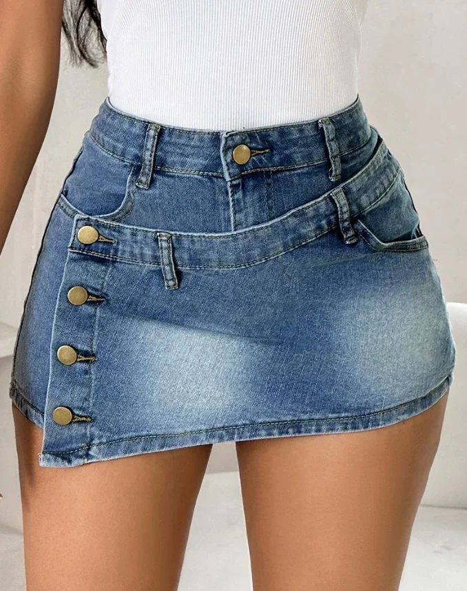 Damskie szorty jeansowe w stylu retro z efektem sprania i postarzenia, zapinane na guziki, z wysokim stanem, spódnico-spodnie jeansowe w kształcie litery A, spersonalizowane jeansy.