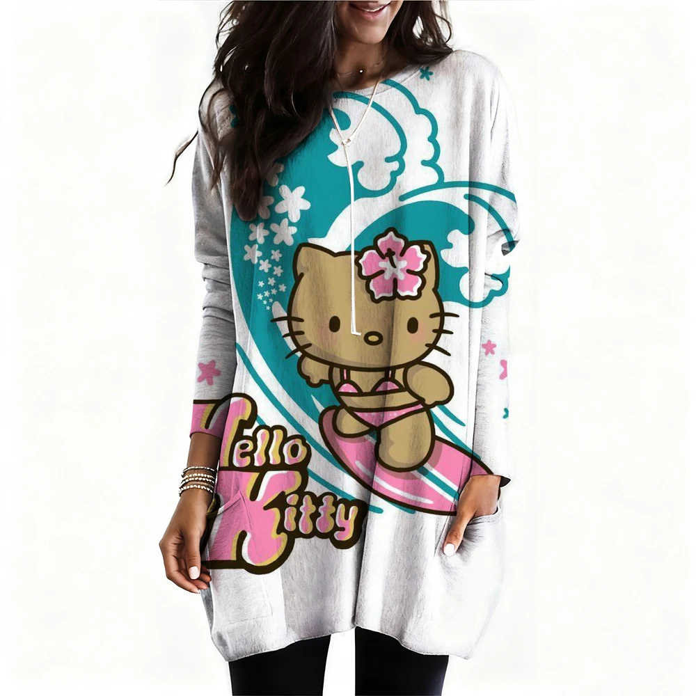 Damska koszulka z długim rękawem z nadrukiem gitary elektrycznej Hello Kitty firmy Sanrio, casualowa, modna na wiosnę/lato, wzór Y2K, z kieszenią.