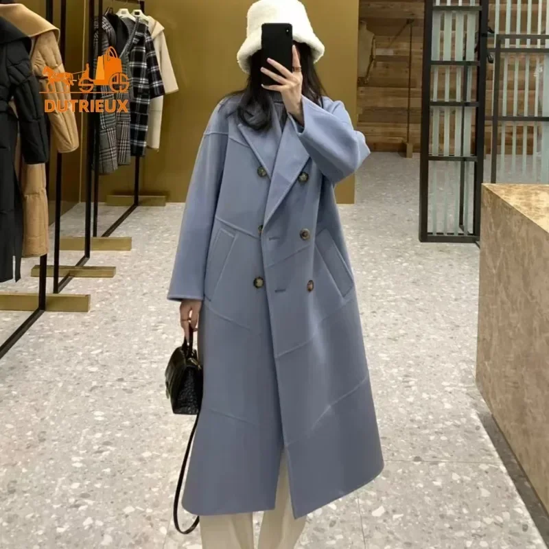 24 New Top Quality Women Cashmere Coat, Fashion Designer Luxury Double-Sided Water Ripple 100% Cashmere Wool Women\'s Coat Jacket