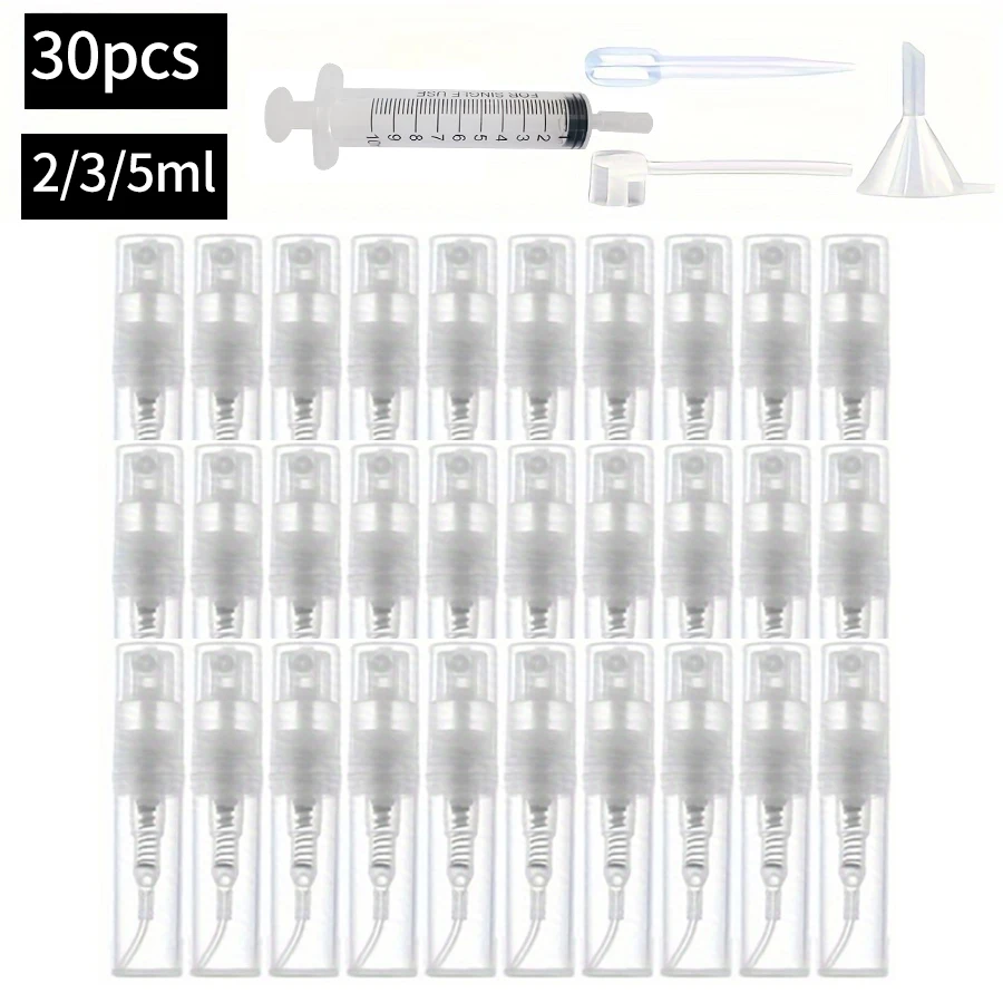 30 Stück + 4 Zubehörteile, 2/3/5 ml, durchsichtige Kunststoff-Sprühflasche, enthält 30 Sprühflaschen, 1 Pipette, 1 Trichter, 1 Spender, 1 Spritze