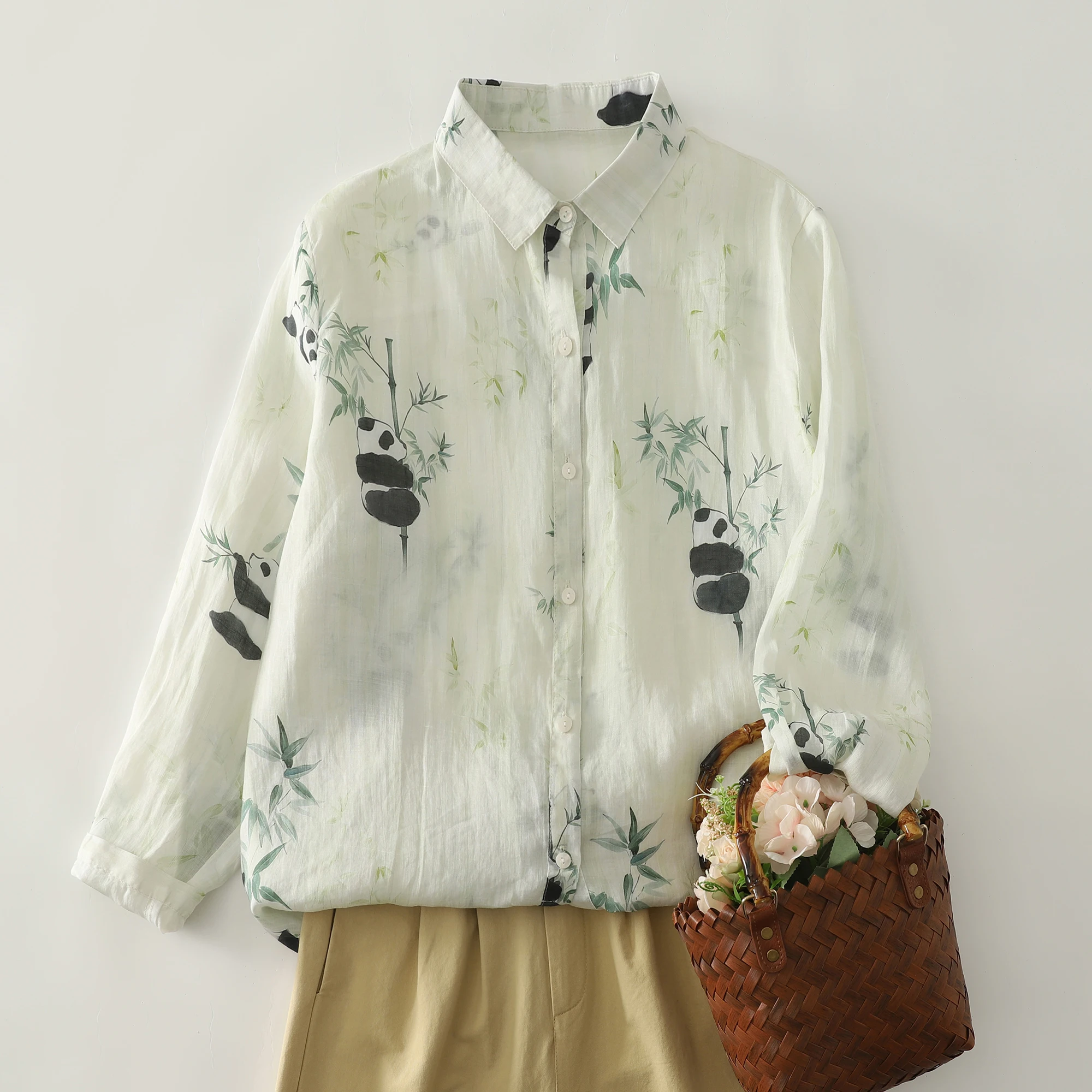 

Autumn New Sle Panda Print irt Fre Artistic Women's Top Casual Loose Fit Long Sve Cotton Polyester Blend