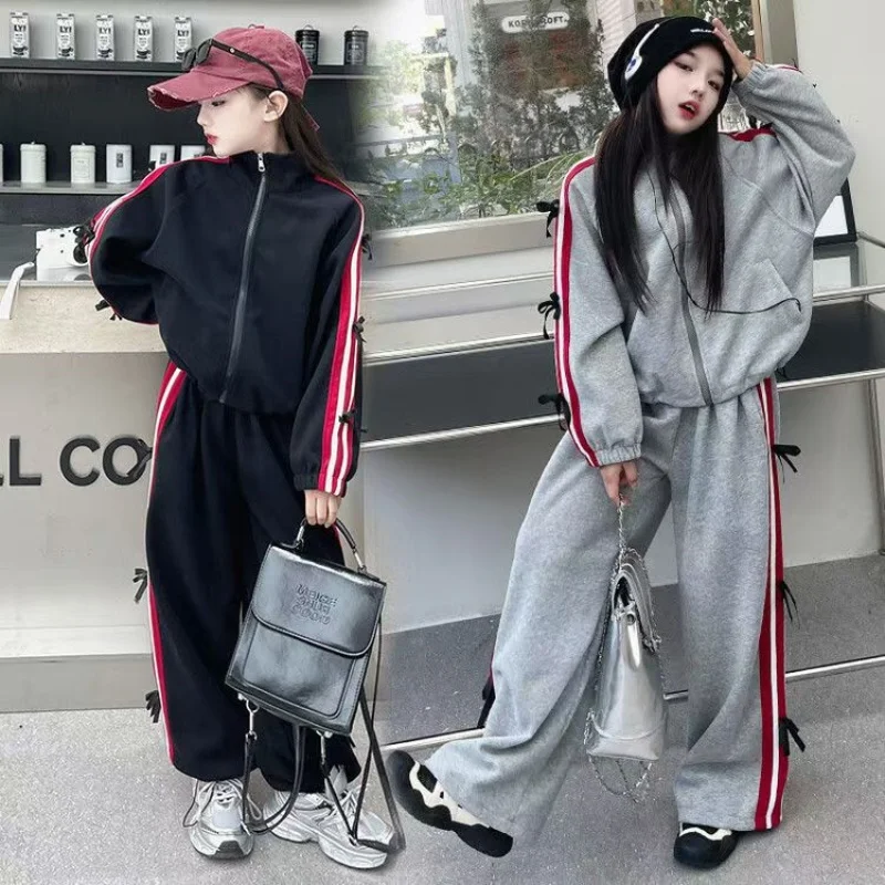 

Autumn TeenGirls Sports Set Bow Sweatshirt Wide Leg Pants 2pcs School Kids Clothes Pink Grey Casual Daily Children Costume 5-14Y