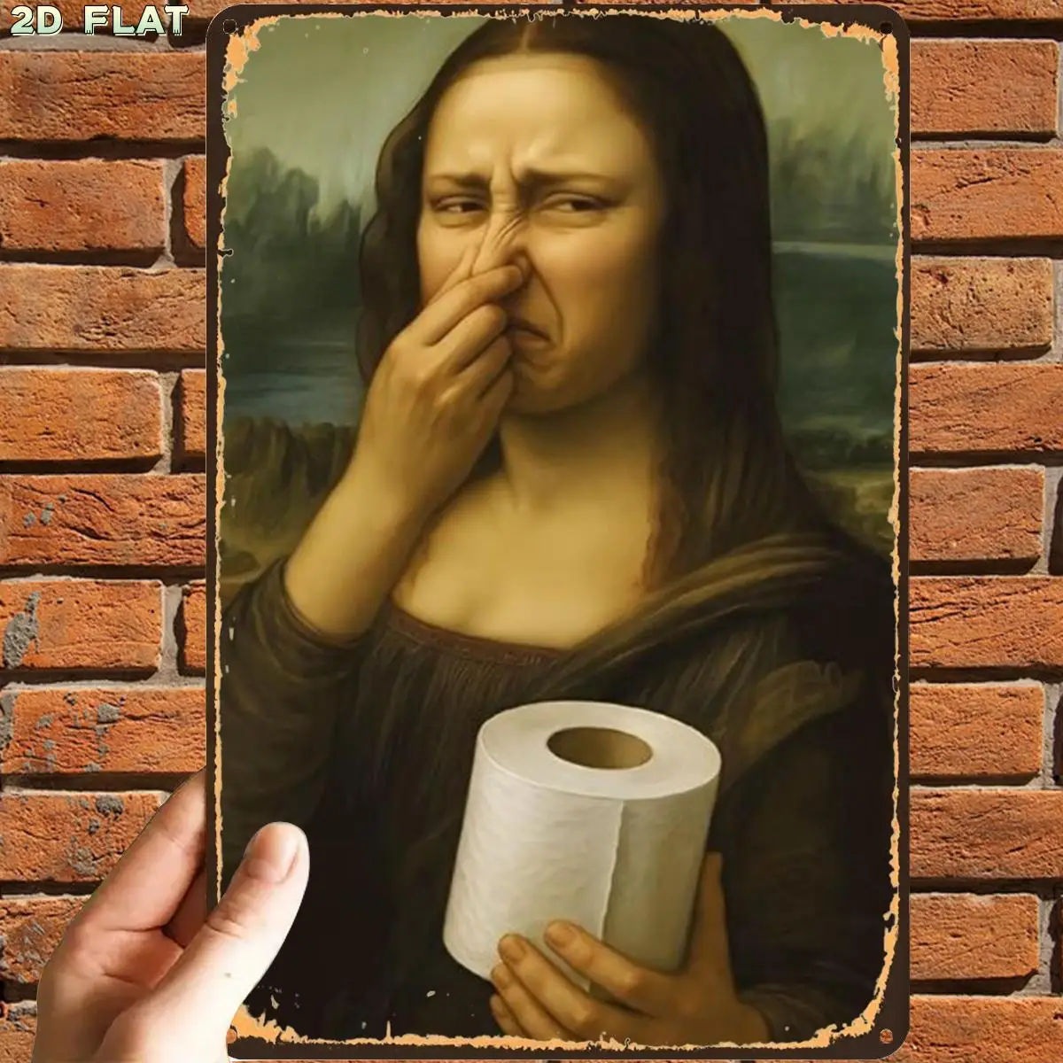 2D Flat, 1pc, Retro Vintage Mona Lisa with Toilet Paper Art Print Metal Tin Sign, Featuring Pre-Drilled Holes, Ideal for Indoor,