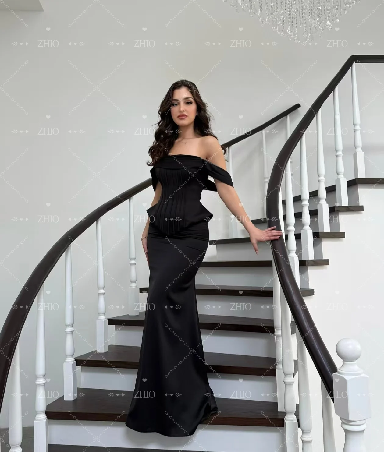 فستان سهرة بحورية البحر باللون الأسود الأنيق من ZHIO بدون أكتاف متدرج بطول الأرض من الساتان العربي السعودي فستان حفلات رسمي مخصص