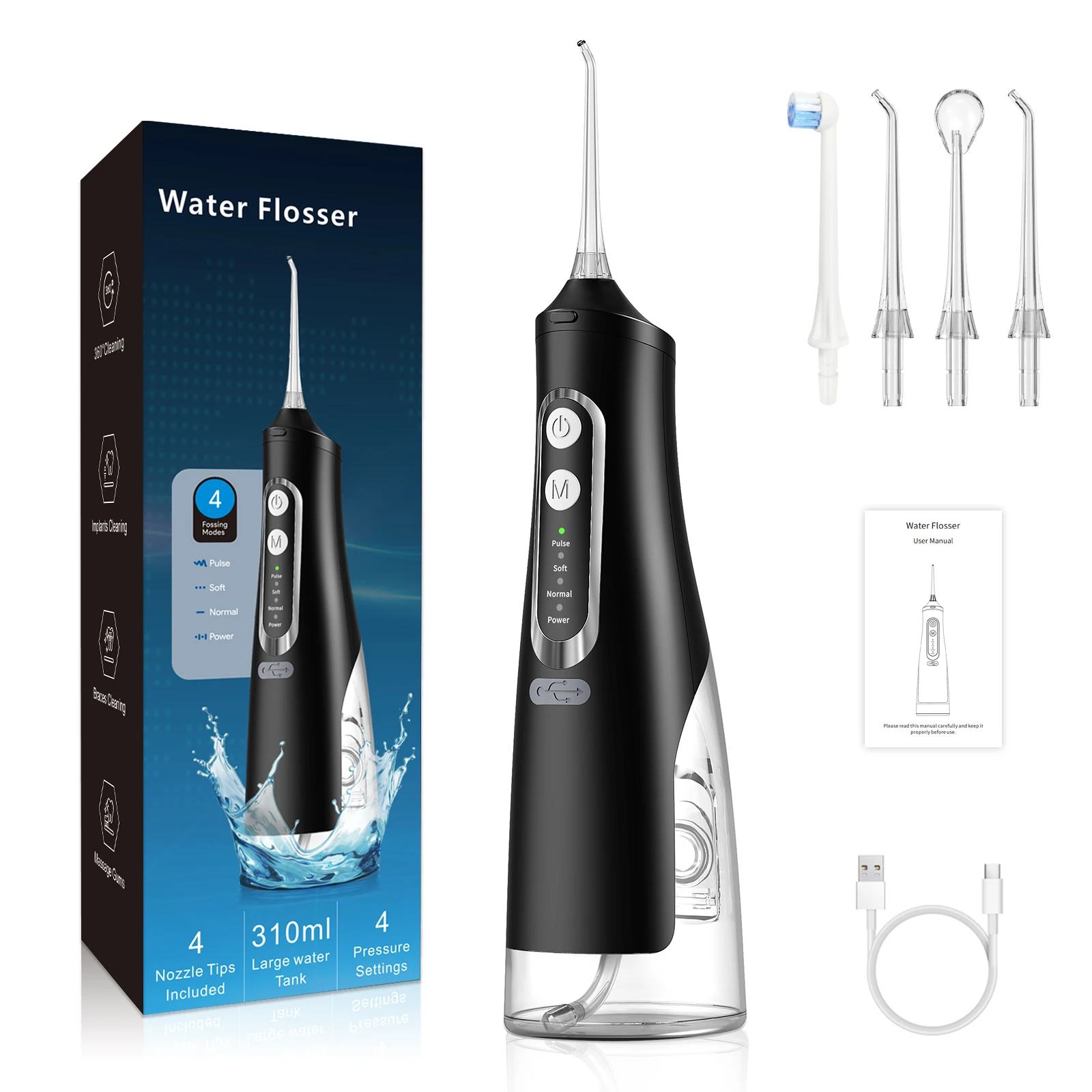 

Hicare Water Dental Flosser, Oral Irrigator,4 Modes IPX7 Waterproof Portable Cordless Teeth Cleaner for Home & Travel, Black