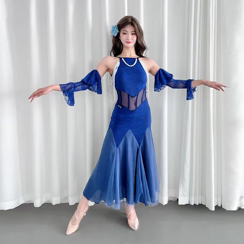 

Sexy Off Shoulder Ballroom Dance Dress For Women Waltz Performance Costume Adult Backless Dance Training Dresses