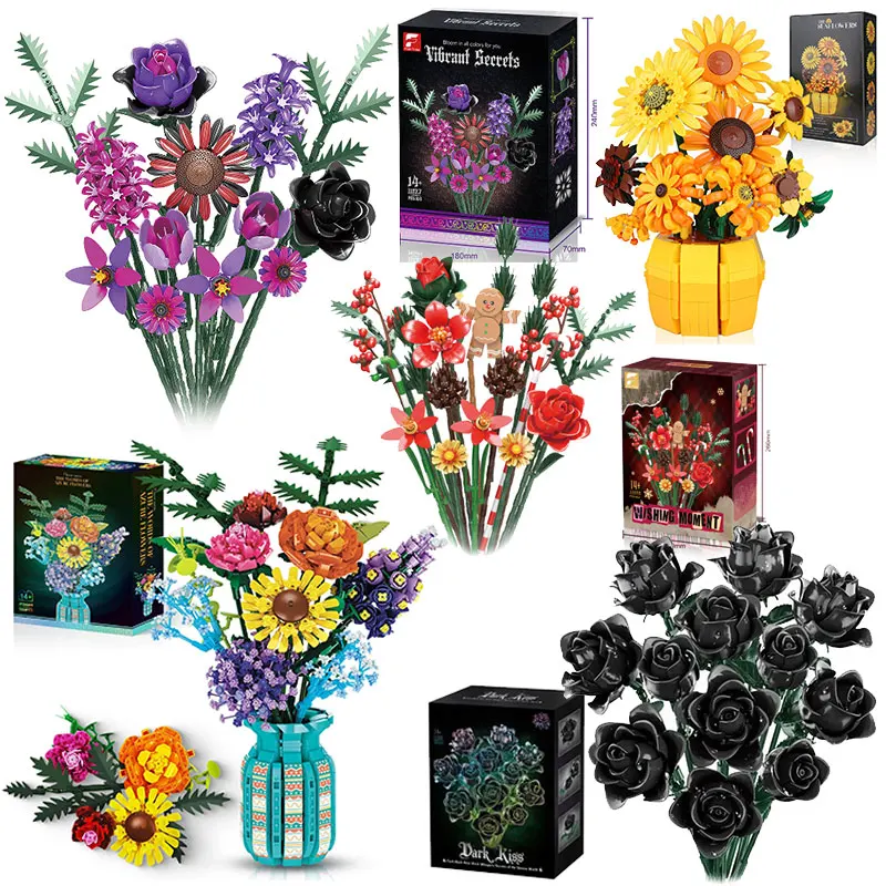 

Rose Sunflower Tulip Building Blocks Flower Bouquet Vase Model Bricks Set Home Decoration Kids Educational Toys Holiday Gifts