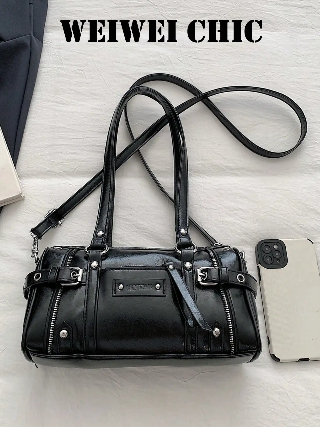 Y2K Millennium Hot Girl Cylinder Bag With Multiple Zipper Pockets, Rivet Hardware Decoration, Hand-Carry And Underarm Dual-Use, Retro Motorcycle Style, Daily Commute Outfit, Personalized Women's Shoulder Bag sg260811104569516064004