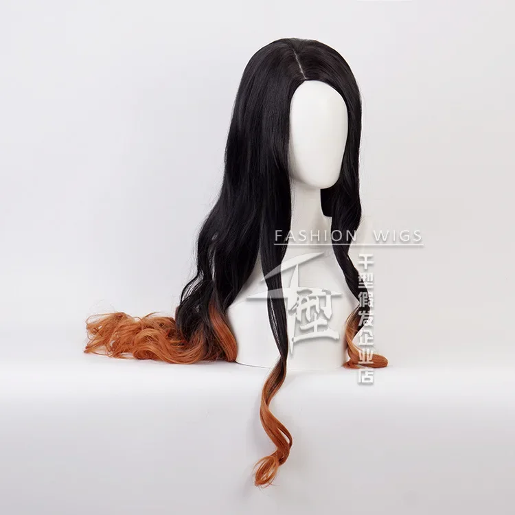 Japanse Anime Kamado Nezuko Cosplay Pruik Lang Zwart Oranje Gradiënt Krullend Pruiken Vrouw Comic-con Prestaties Kostuum Accessoires