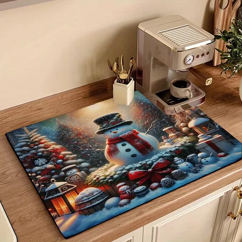 Vintage Christmas Snowman Robin Print Coffee Station Pad Festive Countertop Mat For Espresso Machine Cups Kitchen Xmas Decor