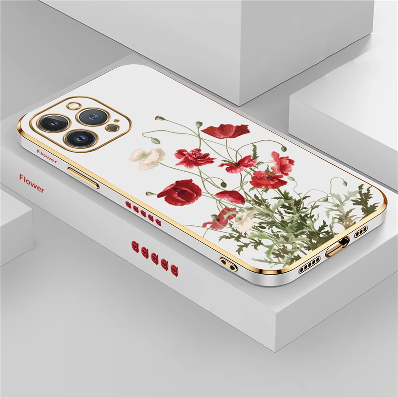 Plating Phone Case For iPhone 15 13 14 Pro Max 12 11 Pro XS Max XR X 8 7 14 Plus SE 2022 2020 Silicone Pattern Flower Cover