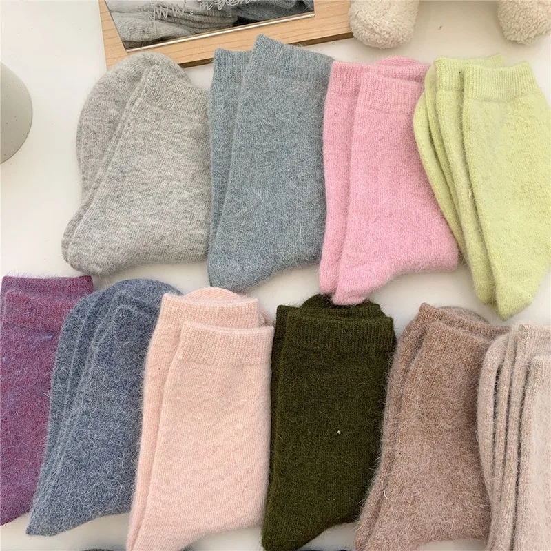 Calcetines cálidos de piel sintética para mujer, calcetines de pelo de conejo Angora de invierno, calcetines gruesos de lana de conejo de Color sólido para mujer