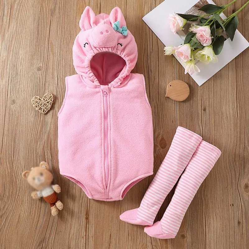 2pcs Baby Romper Set with Socks Pink piglet Cartoon Spring Infant Clothing Suit Autumn Long Sleeve Baby Climbing Clothes 0-12M