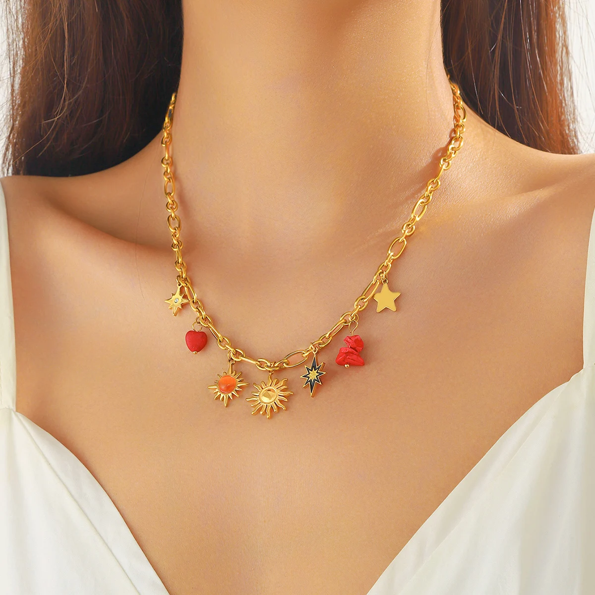 LAMENGLY 316L Stainless Steel Dopamine 5-Leaf Flower Bow Sun Heart  Cherry Necklace Women\'s Novel Chic Neck Chain Holiday Gifts