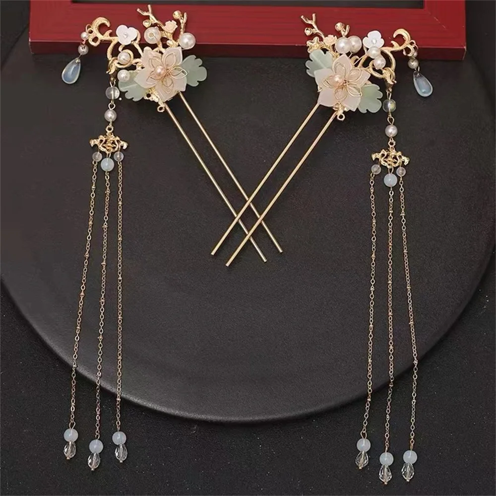 

New Chinese Style Hair Jewelry Set for Women Girls Hanfu Dress U Shaped Hair Sticks Long Tassel Pendant Floral Ornaments