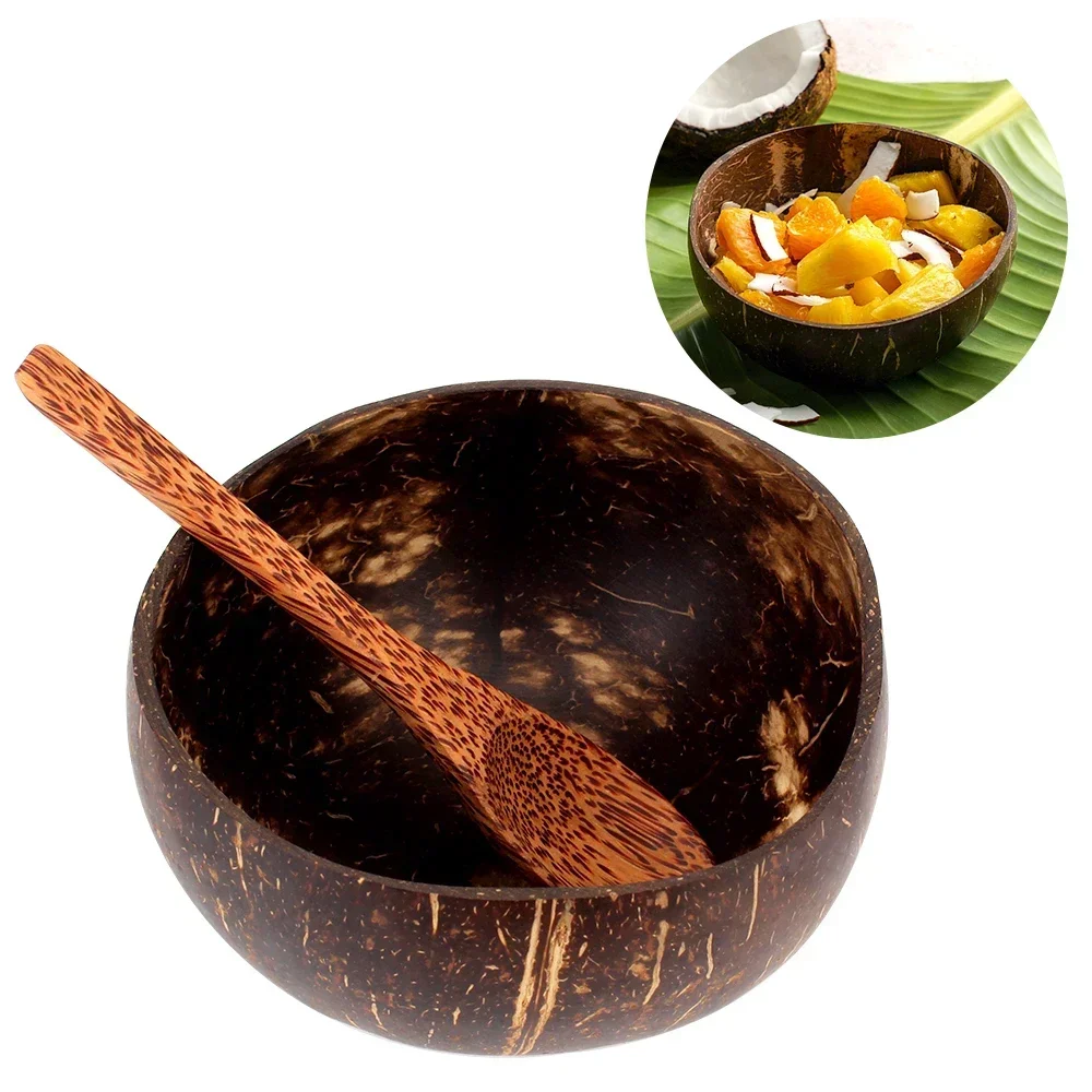 Juego de vajilla de cáscara de coco vieja Natural, cuenco de madera para arroz, cuchara, ensalada de frutas, cuenco de almacenamiento, vajilla de cocina