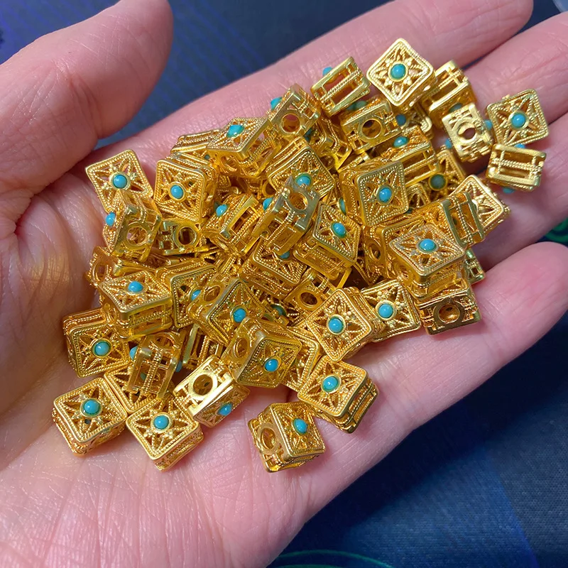 Chinese Style Auspicious Double Sided Gold Plated Hollow Square Spacer Beads Blue Stone Inlay For Diy Jewelry Making Necklace