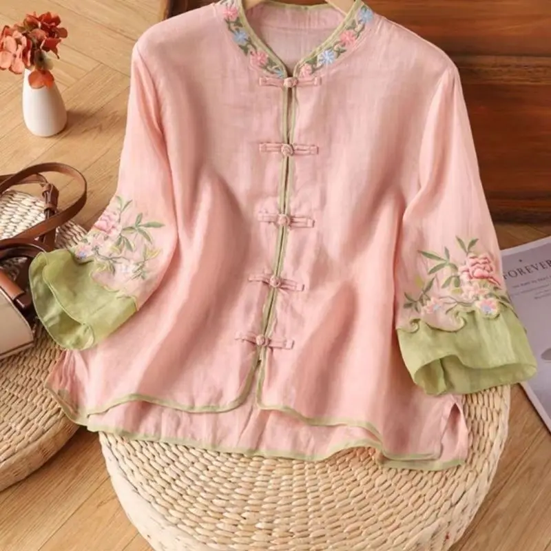 2024 Summer New Color Stand Collar Pan Button Embroidery Spliced Gauze 3/4 Sleeve Fashion Elegant Loose Women\'s Shirt Blouse