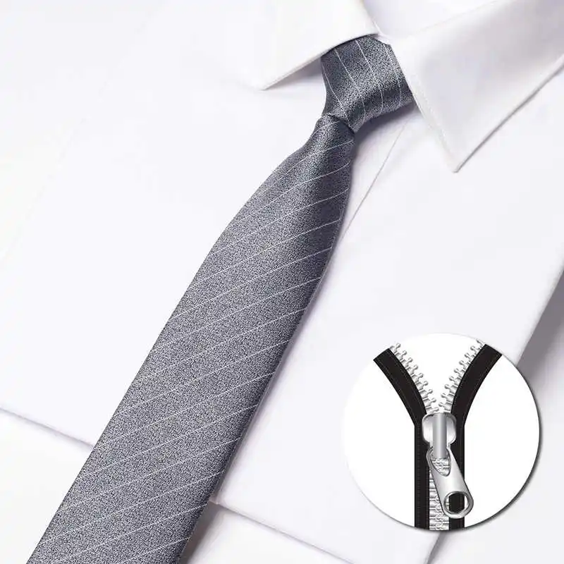 

Top Quality Light Gray White Striped Tie For Men's Slim fit Narrow Version 6cm Business Banquet Shirt Accessories Zipper Necktie