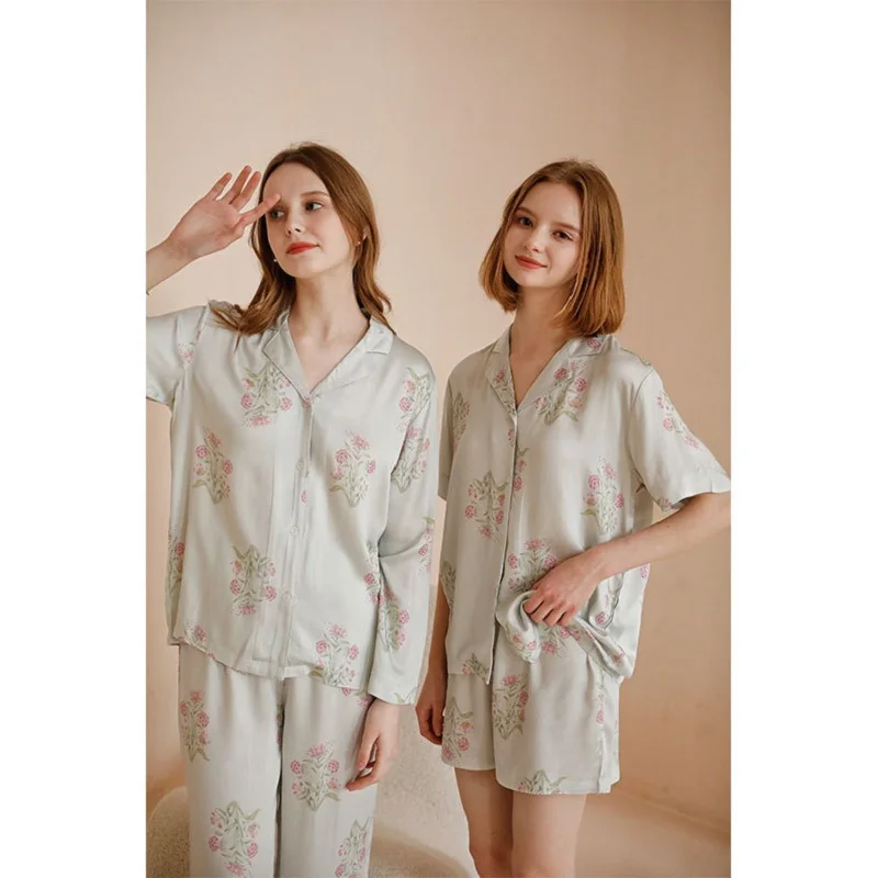 New Fashion Viscose Long Sleeve Floral Pajama Sets For Women Ankel-Length Pants Nightwear Spring Summer Comfortable Home Clothes