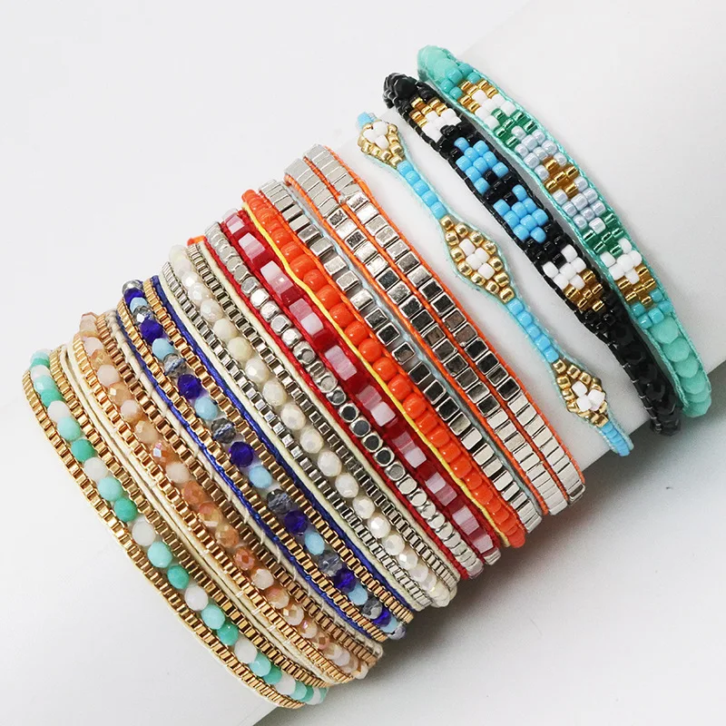 Handwoven Crystal Glass Bracelet With Personalized Multi-Color Bohemian Style Venetian Wax Thread Bracelet For Women