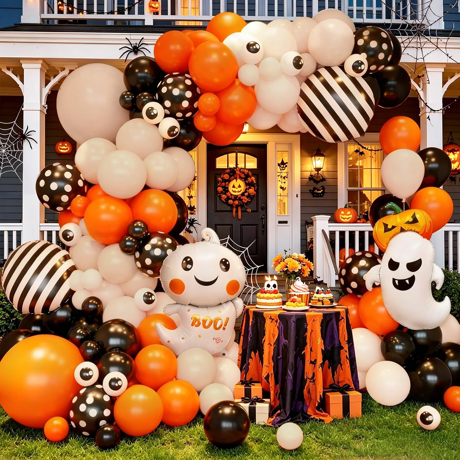 Kit d'arche de ballons Halloween 119 pièces Orange Crème Noir, Ballons fantôme BOO, Ballons œil, Ballons à pois, Décoration de fête mignonne et effrayante, Toile de fond photo